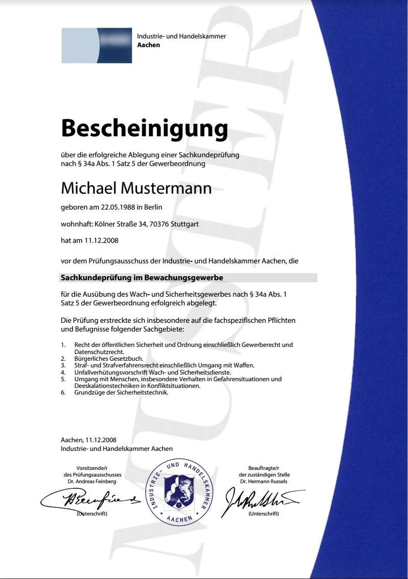Sachkundeprüfung nach §34a (Bewachungserlaunis)